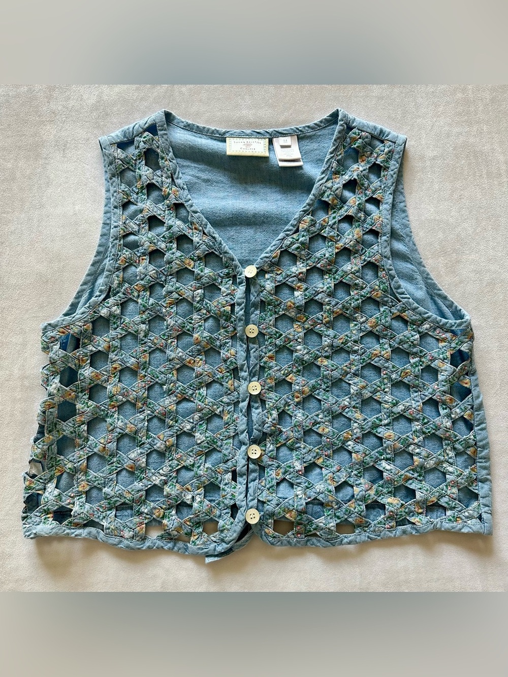 vintage susan bristol casuals 100% cotton floral woven denim vest / sz med